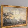 Antique grisaille painting on paper with a port scene, 18th century