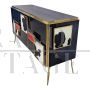 3-door sideboard in black glass and black and white pony skin