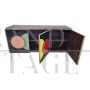 Three-door sideboard in black glass with colored circles