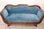 Antique Charles X sofa in inlaid walnut and light blue velvet, Italy 19th century