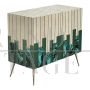 Small sideboard in malachite green glass and natural parchment