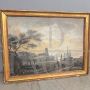 Antique grisaille painting on paper with a port scene, 18th century