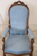 Antique armchair in walnut and light blue fabric, mid-19th century