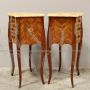 Pair of inlaid Napoleon III bedside tables, with bronzes and marble top