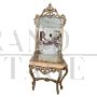Baroque style console table with mirror in carved and gilded wood, early 1900s                 
                            