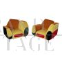 Pair of asymmetrical design armchairs in multicolored fabric