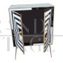 Small sideboard bar cabinet in optical black and white glass and mirror