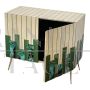 Small sideboard in malachite green glass and natural parchment