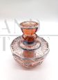 Art Deco pink blown glass toilet set with silver leaf decorations, 1920s