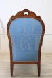 Antique armchair in walnut and light blue fabric, mid-19th century