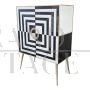 Small sideboard bar cabinet in optical black and white glass and mirror