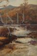 Antique oil painting on canvas depicting a river landscape with figures