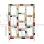 Open bookcase in wood covered in colored glass in Mondrian style