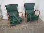 Vintage living room set, sofa and armchairs in green skai with glass coffee table, Italy 1950s