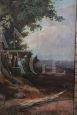 Antique painting of hilly landscape, oil on canvas from the late 19th century