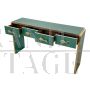 Green glass console table with 4 drawers and gold fish handles