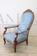 Antique armchair in walnut and light blue fabric, mid-19th century