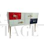 White, blue and red glass console dresser with fish handles