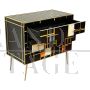 Designer dresser in black glass with colored elements