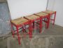 Set of 4 vintage red stools in wood and straw, 1980s