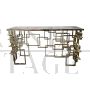 Geometric double-sided console in chrome-gold steel and multi-coloured Murano glass top