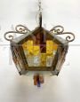Longobard brutalist lantern chandelier in Murano glass and wrought iron