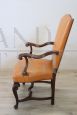 Antique armchair in walnut and yellow leather, late 19th century