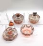 Art Deco pink blown glass toilet set with silver leaf decorations, 1920s