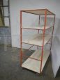 Industrial wood and orange metal shelf trolley, 1970s