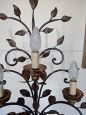 Antique style wooden table lamp with floral pattern in iron and sheet metal