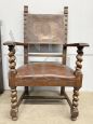 Antique neo-Renaissance armchair with armrests and printed leather, 19th century