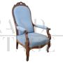 Antique armchair in walnut and light blue fabric, mid-19th century                    
                            
