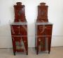 Pair of antique carved bedside tables with marble top and glass door, 1920s