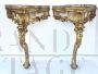Pair of Louis XVI Baroque consoles in gilded carved wood and marble