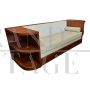 Art deco sofa in wood and white eco-leather with open shelves