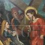 Antique oval painting with Jesus and the Cyrenean, oil on canvas from the 18th century