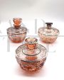 Art Deco pink blown glass toilet set with silver leaf decorations, 1920s