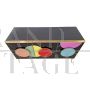 Three-door sideboard in black glass with colored circles
