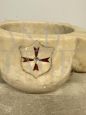 Large antique mortar in Carrara marble with the coat of arms of the Order of Malta