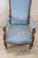 Antique armchair in walnut and light blue fabric, mid-19th century