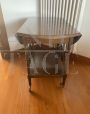 Vintage wooden trolley with strips and drawer - side