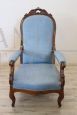 Antique armchair in walnut and light blue fabric, mid-19th century