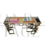 Geometric double-sided console in chrome-gold steel and multi-coloured Murano glass top