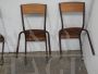 Set of 4 stackable burgundy Mullca chairs with light wood seat, 1960s