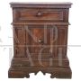 Rare antique bedside table in carved walnut, Tuscany late 17th century                     
                            