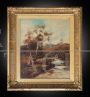 Antique oil painting on canvas depicting a river landscape with figures
