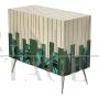 Small sideboard in malachite green glass and natural parchment