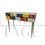 Colored glass and brass console with two drawers
