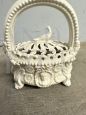 Antique worked and white enamelled ceramic warmer basket                            