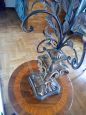 Antique style wooden table lamp with floral pattern in iron and sheet metal